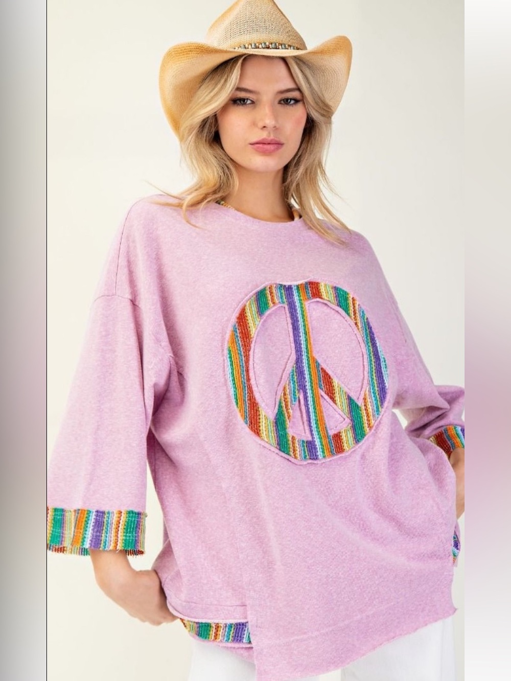 413 1-H small -3X 🇺🇸 EASEL PEACE SIGN PATCH TERRY KNIT TUNIC - Picture 3 of 3